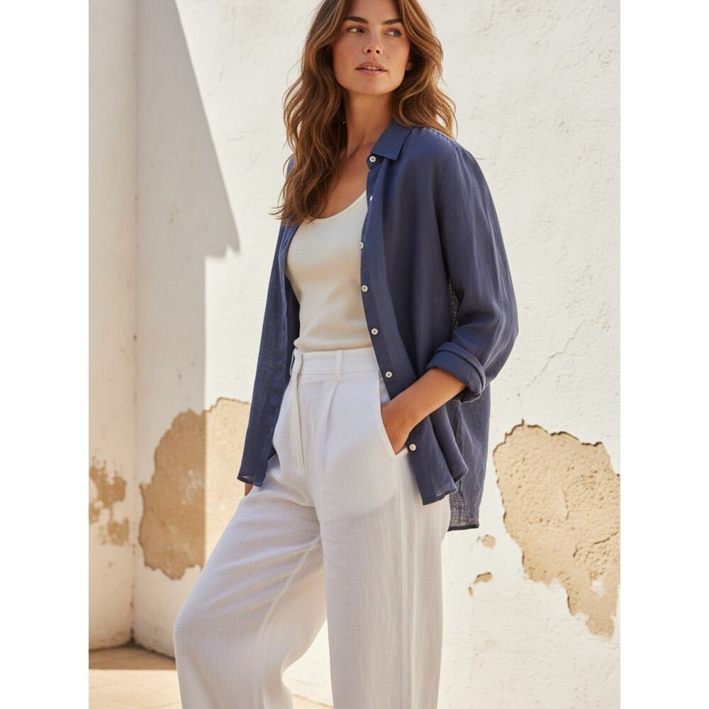 120% Lino Italian Linen Button-Down Blouse Women's EU 40 US 8 Navy